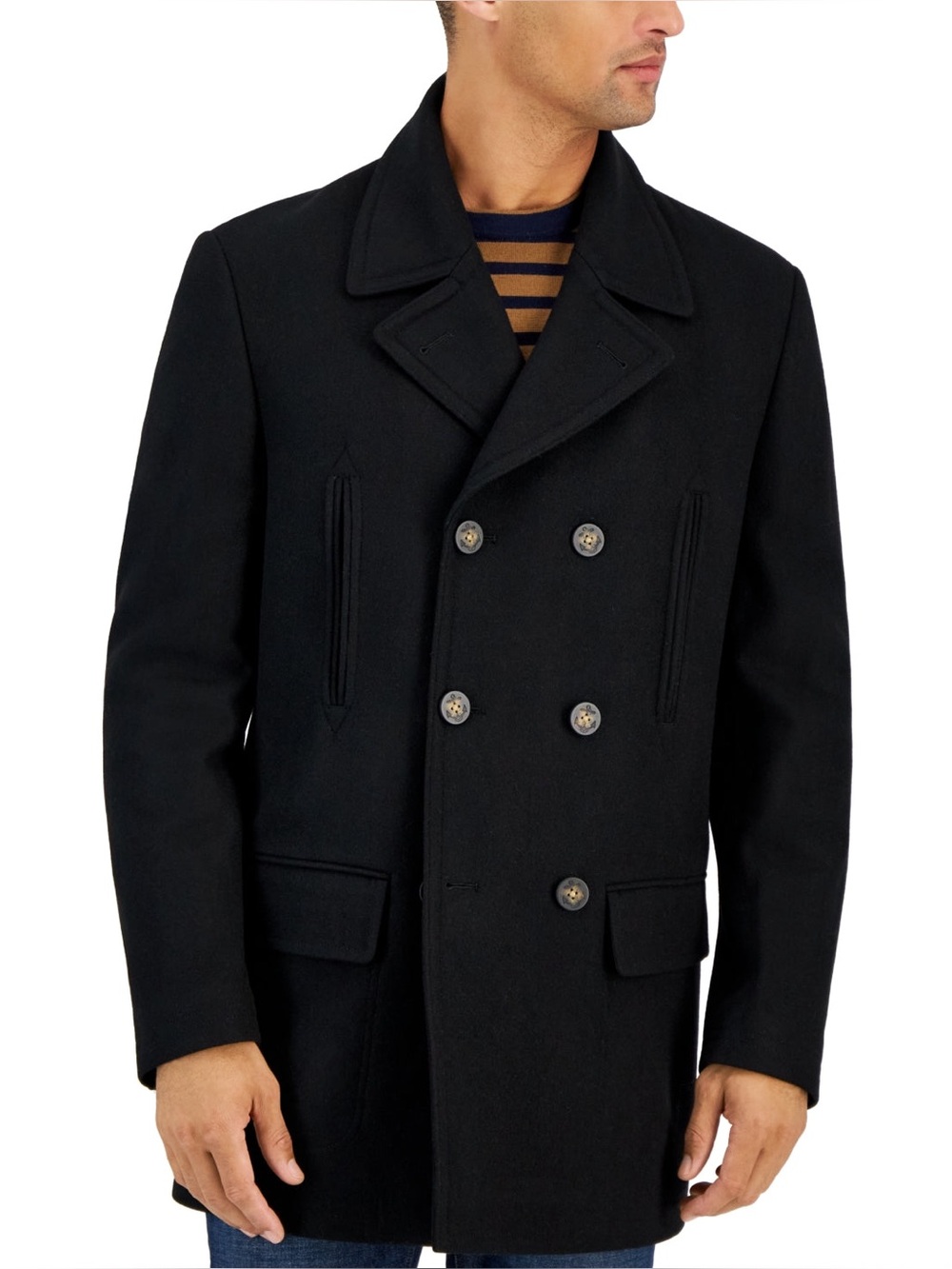 Michael Kors Mens Classic Fit Double-Breasted Peacoat Coat 40R Black Wool NWT